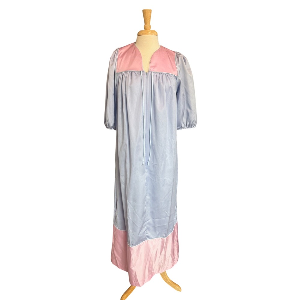 Komar‎ Nightgown Women Small Blue Pink Vintage Zip Front Burlington Silky 8802